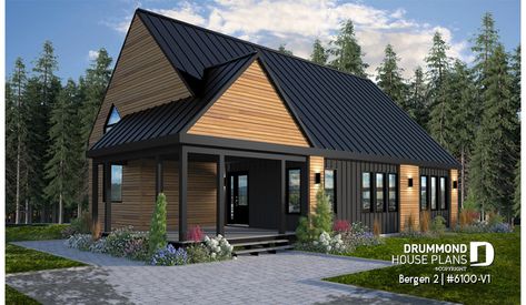 front - BASE MODEL of house plan 6100-V1 Contemporary Ranch Home, Cottage Addition, Spec House, Drummond House Plans, House Quotes, Standing Seam Metal Roof, Rustic House Plans, Lake Homes, Board And Batten Siding