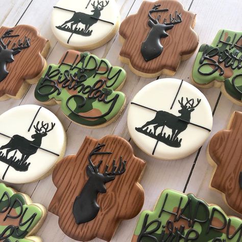 Whitney Overstreet on Instagram: “Getting back to cookies after the holidays. I love these new themes I’m getting! #huntingcookies #camoflaugecookies” Camo Cookies, Hunting Birthday Party Decorations, Archery Birthday, Hunting Baby Shower Theme, Sweet Baby Shower Ideas, First Birthday Cookies, Hunting Theme, Hunting Birthday, Hunting Party