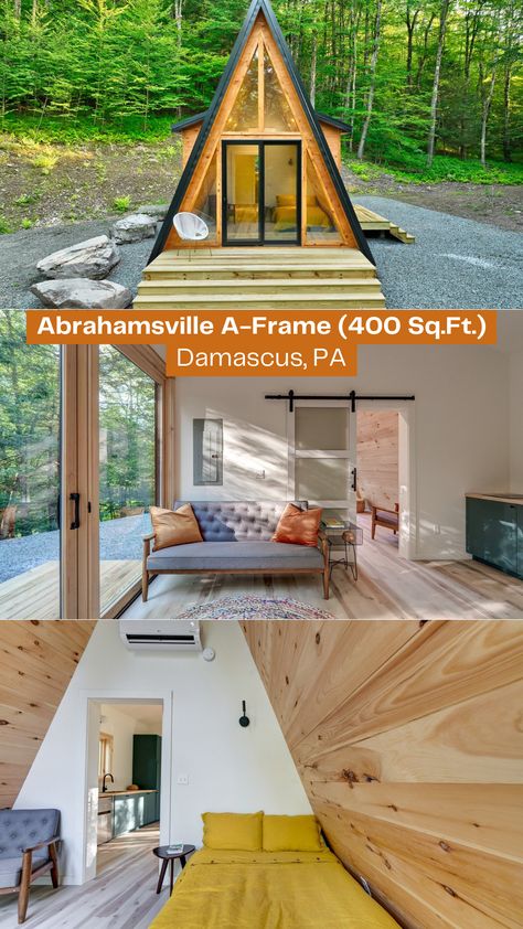 Presenting the Abrahamsville A-Frame, a modern A-frame cabin in Damascus, PA. Priced at $289,000, this unique property boasts a single bedroom, one bathroom, and approximately 400 square feet of living space on a sprawling 5.57-acre plot. With its completion in 2023, this home exudes modern elegance and thoughtful design. Cabin With Glass Roof, A Frame Cabin Windows, Small A Frame Cabin Interior, Small A Frame Cabin Plans, A Frame Cabin Interior, A Frame Cabin Floor Plans, Cabin Floor Plans With Loft, Small A Frame Cabin, Small A Frame