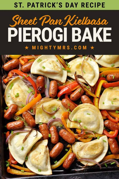 This Kielbasa Pierogi Bake is a delicious sheet pan dinner made with pierogies, kielbasa, bell peppers and red onions then finished off with fresh or dried chives. A quick and easy St. Patrick's Day dinner idea! SUPER easy! Made with frozen pierogies or we like to buy local homemade pierogies. Everything bakes in the oven on a baking sheet so clean it is simple — just one pan! The whole family will love this kielbasa and pierogi meal. Pierogies And Kielbasa, Pierogi Recipe, Kielbasa Recipes, Sheet Pan Dinners Recipes, Recipe Sheets, Dinners Recipes, Sheet Pan Meals, Pan Dinners, Pan Meals