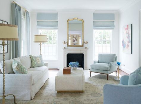 White Sofa with Blue Accent Chairs - Transitional - Living Room Lucite Hardware, Jenkins Interiors, Blue Accent Chairs, Gold Living Room, Transitional Living, Blue Accent, Transitional Living Rooms, White Living Room, White Sofas