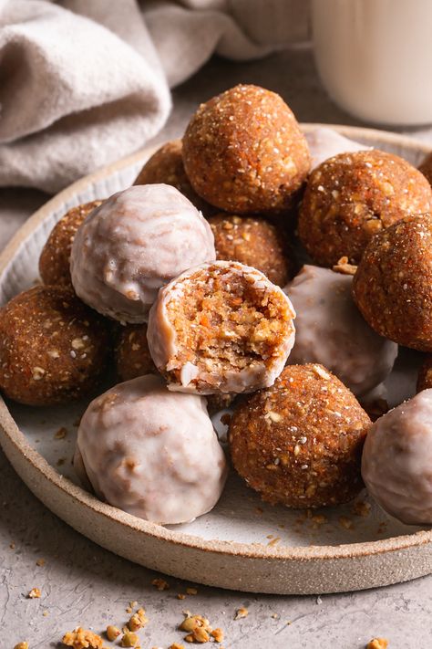 Carrot Cake Granola Bites | Healthy Little Vittles Carrot Bites Healthy Snacks, Healthy Granola Bites Recipe, Carrot Cake Protein Bites, Carrot Cake Granola, No Bake Carrot Cake Energy Balls, Easter Themed Recipes, Carrot Cake Dessert, Granola Bites, Chocolate Covered Almonds