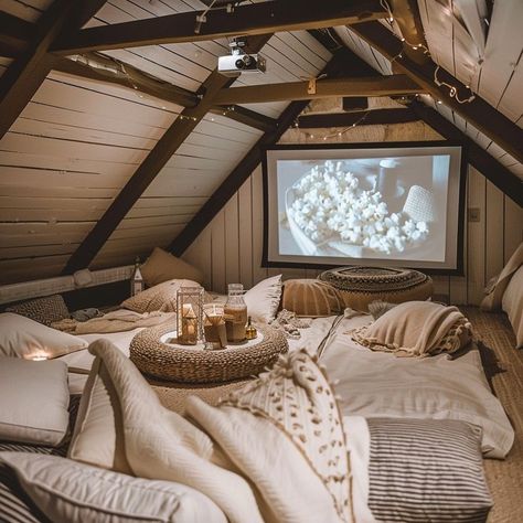 Cozy attic home cinema with pillows, blankets, and candles, perfect for movie nights in a rustic setting. Home Cinema Attic, Cinema Attic Room, Movie Room Attic, Attic Bedroom Ceiling Ideas, Attic Home Theater, Cosy Attic Room, Cosy Cinema Room, Cosy Attic Bedroom, Attic Tv Room Sloped Ceiling