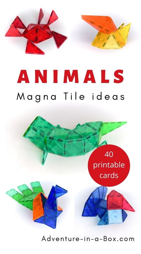 Combine the study of animals with engineering by using these printable magna tile idea cards and inspiring young builders to create 40 animal designs from magnetic tiles! Magnatiles Printables, Magnatiles Animals, Magnatiles Ideas Free Printable, Magnatile Ideas Animals, Easy Magnatile Ideas, Simple Magnatiles Ideas, Magnatiles Ideas Dinosaur, Magnatiles Building Ideas, Magnetic Tiles Printables