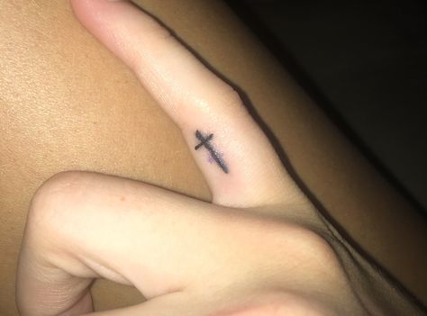 Pinky cross tattoo Cross On Pinky Tattoo, Cross Stick And Poke Tattoo, Tattoo Stick And Poke, Pinky Tattoo, Stick Poke, Small Cross Tattoo, Stick Poke Tattoo, Stick And Poke Tattoo, Stick N Poke