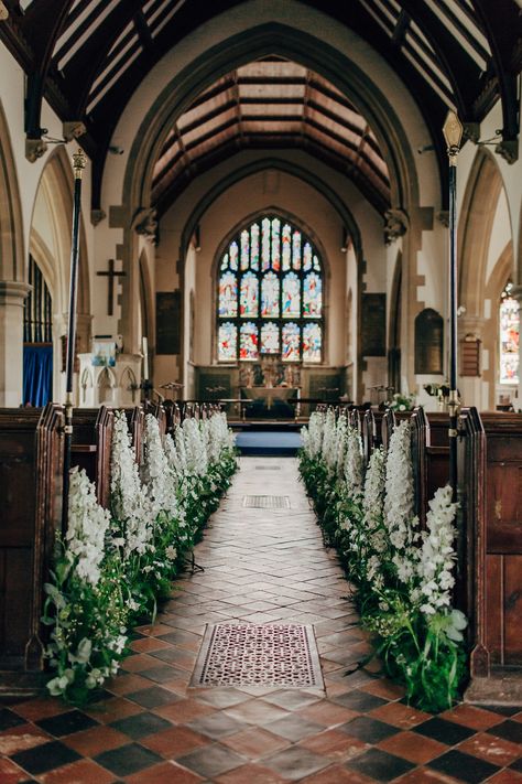 White delphinium flower aisle decor. Photography by Rob Power Church Aisle, Wedding Church Decor, Church Wedding Flowers, Cheap Wedding Decorations, Delphinium Flowers, Best Wedding Colors, Village Green, Church Wedding Decorations, Aisle Flowers