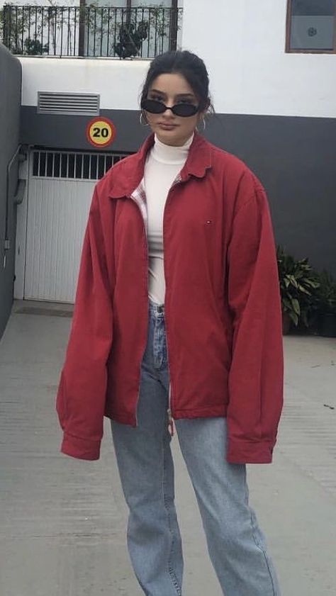 Maroon Shoes Outfit, Red Jacket Outfit, Fleece Jacket Outfit, Red Fleece Jacket, Red Denim Jacket, Fleece Outfit, Open Wardrobe, Denim Jacket Outfit, Winter Attire