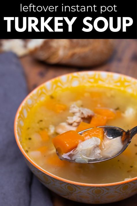 Looking for a delicious way to use up leftover turkey? Try making Instant Pot Turkey Soup from Bones! This hearty and flavorful soup is the perfect meal to warm you up on a chilly day. Using the Instant Pot speeds up the cooking process, allowing you to enjoy your tasty soup in no time. Say goodbye to food waste and hello to a satisfying bowl of homemade goodness. Instant Pot Turkey Soup From Bones, Cream Of Turkey Soup Recipe, Cream Of Turkey Soup, Instant Pot Turkey Soup, Turkey Soup From Carcass, Turkey Easy, Instant Pot Turkey, Leftover Turkey Soup, Turkey Soup Recipe