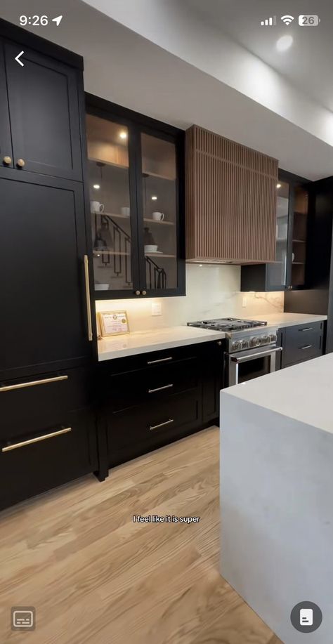 White Black And Oak Kitchen, Black White And Brown Kitchen, White Oak And Black Kitchen, Black And Oak Kitchen, Cairo Oak, Black Ikea Kitchen, Arched Kitchen, Black Wood Kitchen, Kitchen Ideas Black