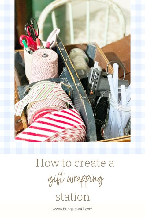 How to create a gift wrapping station Gift Wrapping Station Ideas Spaces, Gift Wrapping Service Pricing, Christmas Wrapping Station, Gift Wrapping Station Ideas, Southern Living Interiors, Gift Wrapping Station, Wrapping Station, Holiday Gift Wrapping, Southern Decor