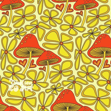 I made so many patterns recently I actually forgot about this one. 🍄 Mushrooms | flowers | floral | flower power | hippie | vintage | retro | 70s | seventies | groovy | summer of love | pattern | seamless pattern | pattern tile | pattern design | graphic design | illustration art | digital artist 60s Patterns Design, Retro Prints And Patterns, Flower Power Aesthetic, Hippie Patterns, 60s Flower Pattern, Tile Pattern Design, Hippy Aesthetic, Mushroom Patterns, Illustration Art Digital