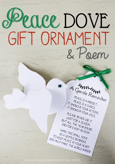 This peace dove is not just meant for Christmas but to be used as a year round reminder. Use the free pattern and printable poem for a unique gift. Peace Gifts Ideas, Dove Pattern, Advent Peace Craft, Peace Dove Craft, Christmas Ribbon Ornament Poem, Christmas Ornament Poem, Peace Dove Template Printable, Dove Christmas Ornaments Diy, Dove Ornament