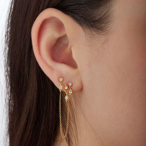 Elegant Dangle Chain Cartilage Earrings, Gold Dangle Chain Cartilage Earrings, Double Piercing Chain Earrings, Curated Ear Piercing Chain, Cartilage Earrings Chain, Maria Tash, Multiple Earrings, Jewelry Styles, Ear Jacket