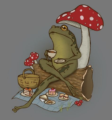 An illustration of a frog sitting and drinking tea Frog Tea Party Drawing, Fancy Frog Drawing, Frog Drinking Coffee, Frog Art Aesthetic, Frog Drinking Tea, Tea Drawing, Frosch Illustration, Cute Froggy, Frog Tea