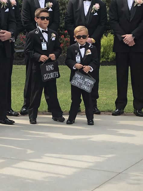 Brothers that are ring bearers/security guards Fbi Ring Bearer, Ring Bearer Secret Service, Ring Bearer Outfit Security, Ring Bear Security, Security Ring Bearer Boys, Multiple Ring Bearers, Ring Security Proposal Ideas, Three Ring Bearers, Diy Ring Bearer Proposal