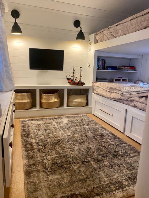 How to Remodel an RV: A Guide for RV Owners | RV Inspiration Rv Double Bunk Remodel, Rv Fifth Wheel Makeover, Rv Master To Bunkhouse, Rv Bunk Room Remodel, Rv Kids Room, Rv Bunkhouse Remodel, Small Rv Remodel, Rv Nursery, Rv Bedroom Ideas