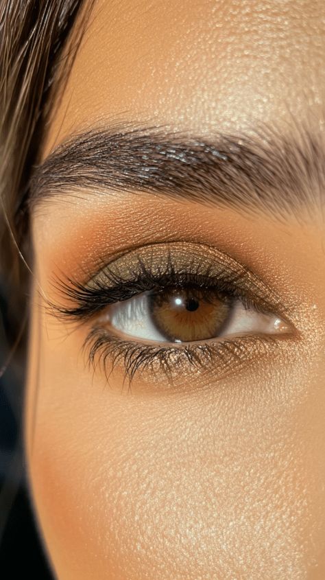 Get cozy with this olive green and gold eye look, enhancing brown eyes with earthy, warm tones. Perfect for a natural autumn glam. Green Gold Eye Makeup, Autumn Eye Makeup, Golden Hazel Eyes, Gold Eye Look, All Eye Colors, Eye Makeup For Brown Eyes, Copper Eyeshadow, Golden Eye Makeup, Fall Eye Makeup