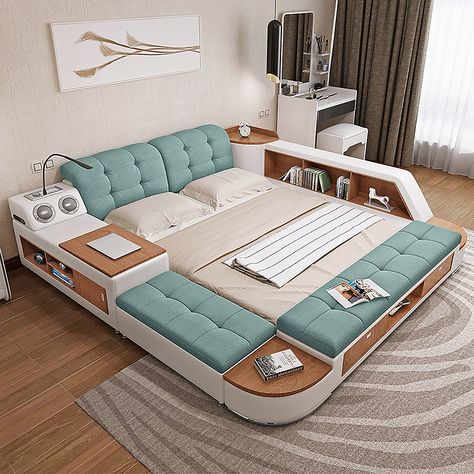 King Multifunctional Bed Faux Leather Smart Bed with Storage & Speaker Futuristic Bed Frame, All In One Bed, Smart Bed Frame, Unique Bed Designs Master Bedrooms, Fun Things To Have In Your Room, 10 X 12 Bedroom Layout King Bed, Cool Rooms In Houses, Split King Bedding Ideas, Cool Bed Frame