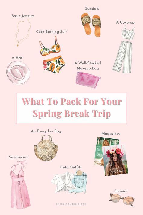 Here’s what you need to pack for your spring break trip! Packing For Spring Break, Spring Break Packing List Florida, Spring Break Road Trip, Packing List Spring Break, What To Pack For Vacation For A Week Spring Break, Spring Break Packing, Spring Break Trips, Vacation Packing, Cute Bathing Suits