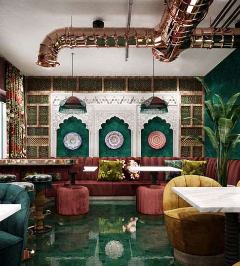 Moroccan Restaurant in Paris on Behance Colourful Restaurant Design, Moroccan Restaurant Interior, Marrocan Interiors, Restaurant Interior Design Modern, Ramadan Tent, Turkish Cafe, Cafe Bar Design, Cafe In Paris, Rooftop Restaurant Design