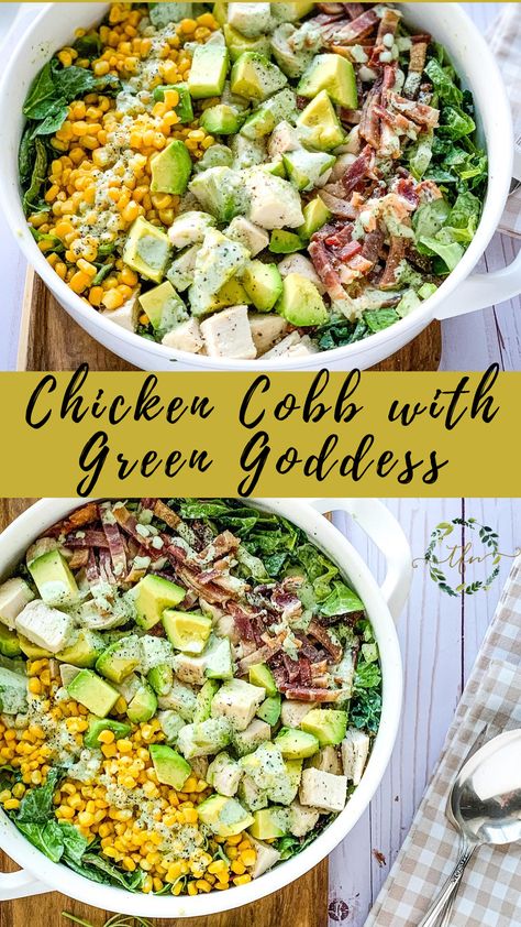 This Chicken Cobb Salad with Green Goddess dressing is the ultimate in healthy meals! Plus, this salad and dressing are gluten-free and dairy-free. Chicken Cobb is perfect for lunch or dinner, and it is an ideal make ahead meal. #chickencobb #chickensalad #chickenrecipe #saladrecipe Chicken Green Salad Recipe, Green Goddess Salad With Chicken, Dairy Free Summer Dinner Recipes, Summer Cobb Salad, Easy Green Salads For Parties, Dairy Free Summer Dinner, Summer Salad With Chicken, Copycat Panera Salad, Chicken Green Salad