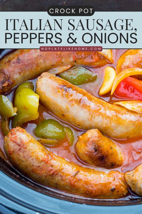 Looking for Italian Sausage and Peppers in Crock Pot Recipes? Look no further than this tasty and easy recipe for dinner or gatherings. Serve it on pasta or in sandwiches for a delicious meal everyone will love. It's low-carb and gluten-free. Italian Sausage Peppers and Onions is a super delicious combination founded by Italian-Americans long ago. It's great for sandwiches or to make in a casserole with potatoes too which is equally Crock Pot Italian Sausage, Italian Sausage Peppers And Onions, Crockpot Italian Sausage, Sausage And Peppers Crockpot, Italian Sausage Peppers, Crock Pot Italian, Italian Sausage And Peppers, Sausage Peppers And Onions, Flexitarian Recipes