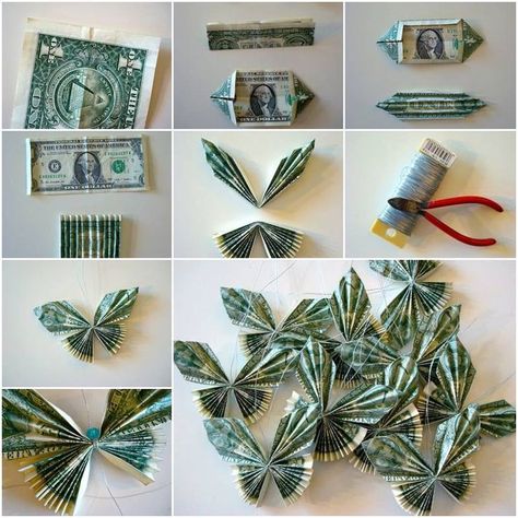 One dollar bills folded as butterflies. Excellent Christmas tree ornaments that can be given away Heart Dollar, Make Butterflies, Money Lei Diy, Graduation Leis Diy, How To Make Butterfly, Graduation Money Gifts, Money Rose, Diy Graduation Gifts, Folding Money