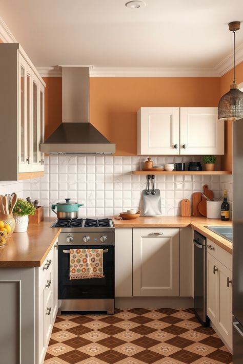 12 Ideas and Inspiration for Warm Tone Kitchens – radientlyrawkitchen Rust Orange Kitchen, Light Orange Kitchen, Orange Tile Kitchen, Orange And White Kitchen, Orange Kitchen Cabinets, Burnt Orange Kitchen, Orange Kitchen Ideas, Rust Kitchen, Brick Cottage