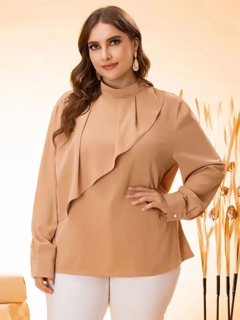 Plus Keyhole Back Mock Neck Overlay Blouse | SHEIN USA Top Neckline, Overlay Blouse, Modest Tops, Fashion Sewing Tutorials, Elegant Pattern, Chiffon Blouse, Plus Size Blouses, Style Elegant, Fashion Sewing