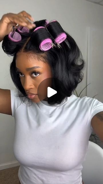 Styling Human Hair Wig, Short Body Wave Wig Hairstyles, How To Style Bob Wig, How To Style A Bob Wig, Wrap Hairstyles African American, How To Style My Natural Hair, Roller Curls Black Women, Middle Part Bob With Curls, Relaxer Styles For Black Hair