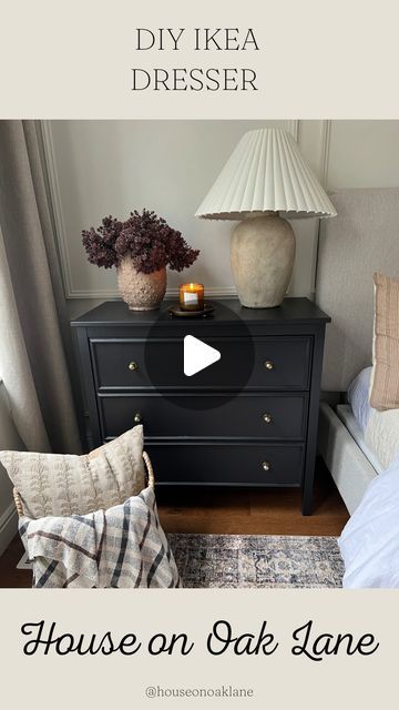 Ashlyn | Home Decor + Interior Design on Instagram: "One of my most asked about furniture pieces in our home is our nightstands. Can you believe that they are an IKEA hack?? 

Check out my Ikea dresser highlight for a more in depth tutorial. The only thing I wish I would have done differently is primed the dressers before painting. We’ve had a few minor chips on the dresser tops where they get daily use. Other than that I absolutely love these nightstands!

Paint color: Black Magic by Sherwin Williams 
Paint brand: Valspar cabinet oil enriched enamel 

Everything I used for this hack is linked in my “ikea dresser” highlight" Ikea Dresser Nightstand Hack, Hemnes Ikea Dresser Hack, Black Nightstand Decor Ideas, Ikea Songesand Dresser, Painted Ikea Furniture, Black Nightstand Decor, Dresser Styling Bedroom, Matte Black Dresser, Black Bedroom Dresser