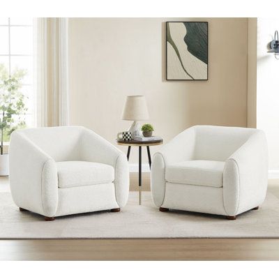 Pick this pair of accent chairs together to create a sitting area in your home that shows off your style! High-quality fabrics ranging from soft polyester blend to high performance boucle. Each fabric with its different feel and neutral color palettes make this pair of arm chairs easy to blend seamlessly with your space. This set of 2 accent chairs have a wooden frame structure. With rubber wood legs, the entire chair is very stable. Whether you need a spot to curl up with a good book or somewhe Wayfair Accent Chairs, Loveseat And Two Chairs Layout, Living Room With Chairs Only, Comfy Accent Chairs For Living Room, 2 Chairs Sitting Area, Seating Area In Living Room, Neutral Accent Chair, Bedroom Accent Chairs, Chairs In Living Room