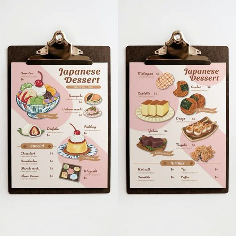 Pastel Menu Design, Sweet Menu Design, Dessert Menu Design Ideas, Dessert Graphic Design, Cafe Menu Design Ideas, Dessert Menu Design, Menu Design Ideas Templates, Pastry Shop Ideas, Dessert Branding