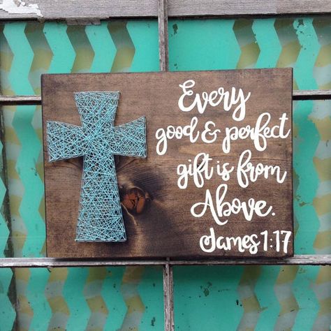 $39 Etsy String Art Cross with James 1 17 Cross with by NailedItDesign String Art Cross, Kids Craft Gifts, Cross Sign, James 1 17, Auction Projects, Nail String Art, Gift Ideas Diy, Cross Art, Wood Cross