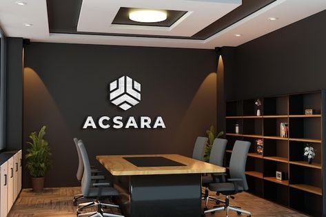 Logo mockup in black wall meeting room | Premium Psd #Freepik #psd #logo-presentation #company-mockup #company-logo-mockup #realistic-mockup Free Logo Mockup Psd, Company Logo Wall, Room Logo, Trendy Logo Design, Business Trendy, Logo Mockups Psd, Office Logo, Modern Office Interiors, Office Interior Design Modern