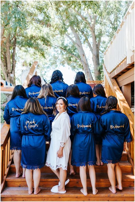 Folder Ideas, Bridesmaid Pictures, Navy Blue Bridesmaids, Bridesmaids Robes, Navy Bridesmaids, Lakeside Wedding, Farm Tables, Bride Getting Ready, Bride Squad