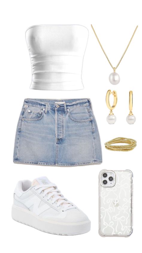 White Tube Top Outfit, Outfits For Back To School, Jean Skirt Outfit, Tube Top Outfit, White Sneakers Outfit, Tube Top Outfits, Top Summer Outfits, White Tube Top, Gold Beaded Bracelet