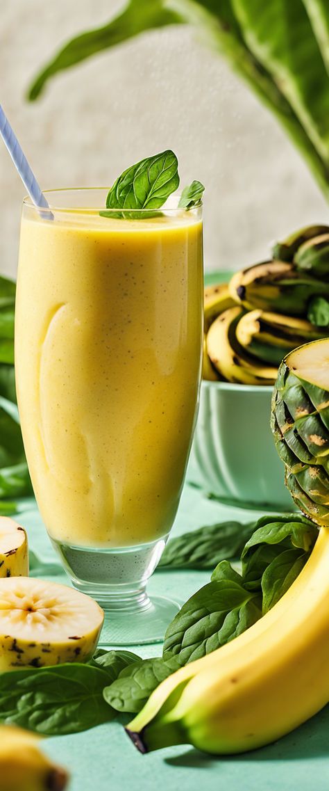 Vibrant yellow smoothie made with bananas and chia seeds on a sunny garden table with mint and fruit slices. Quick Breakfast Smoothies, Yellow Smoothie, Drink Garnish, Fresh Spinach, Ripe Bananas, Strawberry Banana, Sunny Yellow, Breakfast Smoothie, Quick Snacks