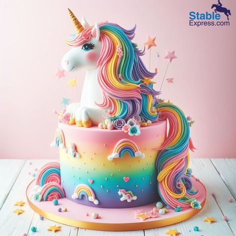 Rainbow Horse Cake, Unicorn Pinata Cake, Unicorn Rainbow Cake Birthday, Birthday Cake Unicorn Rainbow, Unicorn Academy Cake, Tort Unicorn, Unicorn Birthday Cake Ideas, Rainbow Unicorn Birthday Cake, Pink Unicorn Cake