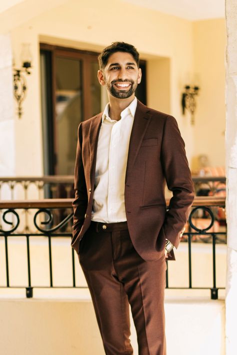 Groom Arvin wore a stylish chocolate brown suit to match with chic loafers. #weddingtheme #modernweddingideas #groom Chocolate Brown Wedding Suit, Chocolate Brown Groomsmen Suits, Chocolate Brown Suit, Dark Brown Groomsmen Attire, Tailored Brown Sets For Groom, Luxury Brown Groom's Accessories, Brown Groom Suit, Brown Groomsmen, Chocolate Brown Wedding