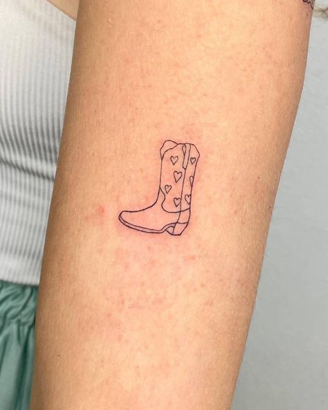 Heart Cowboy Boot Tattoo, Cowboy Boot Tattoo Design, Dainty Cowgirl Boot Tattoo, Small Cowgirl Tattoos, Disco Cowgirl Tattoo, Matching Cowboy Boot Tattoo, Small Cowboy Boot Tattoo For Women, Tiny Cowboy Boot Tattoo, Taylor Swift Tattoo Cowboy Like Me