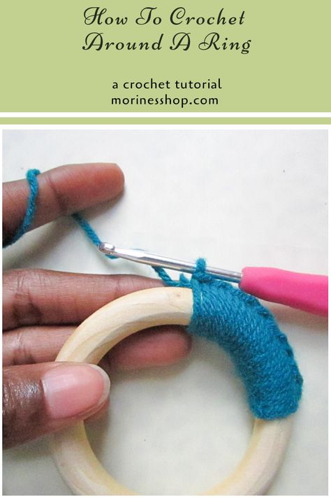 How to crochet around a ring. This is a steo-by-step photo tutorial on how to crochet around a ring. It works for rings of any size and/or thickness. Crocheting Around A Ring, Crochet Around A Metal Ring, Wooden Ring Crochet Pattern, Crochet Around A Hoop, Crochet On A Hoop, Crocheted Rings, Small Wooden Ring Crafts, How To Crochet Around A Wire, Crochet Around A Ring