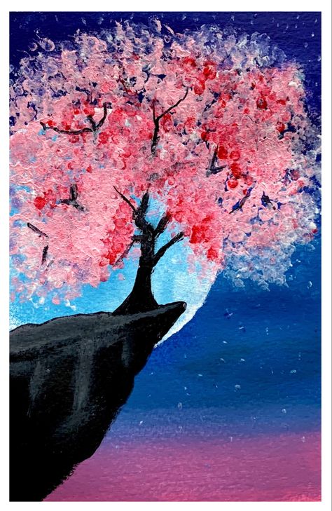 Cherry Tree Acrylic Painting, Cherry Blossom Landscape Painting, Sunset Tree Painting, Impressionism Art Easy, Sakura Tree Painting, Cherry Blossom Tree Painting, Daily Art Challenge, Cherry Blossom Painting Acrylic, Blossom Tree Painting