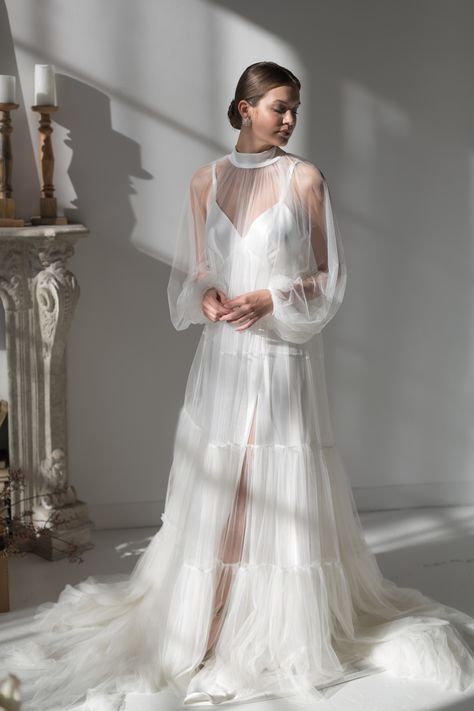 Wedding Dresses With Overlay, Sheer Bridal Topper, Tulle Wrap Dress, Tiered Tulle Wedding Skirt, Sheer Wedding Gown, Sheer Puff Sleeve Wedding Dress, Long Sleeve Mesh Wedding Dress, Wedding Gown Topper, Unique Bride Getting Ready Outfit