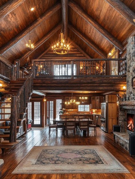 Cute Loft Apartment, Dream House Dining Room, Bush Cabin, A-frame Interior, Hunting Shack, Modern Cabins, Cabin Interior Design, Log Home Living, Log Home Designs