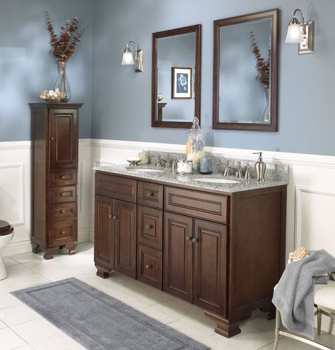 Love the blue walls, white wainscoting contrasted by the dark brown cabinetry Brown Vanity, Bathroom Wall Colors, Dark Bathrooms, Ikea Bathroom, Bathroom Paint Colors, Brown Bathroom, Bathroom Color, Trendy Bathroom, Bathroom Vanity Cabinets