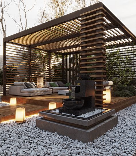 LANDSCAPE AREA DESIGN :: Behance Garden Ideas With Pergola, Paragola Ideas, Modern Pergola Ideas, Terrace Designs, Unique Landscaping, Yard Remodel, Modern Gazebo, Modern Restaurant Design, Serene Garden