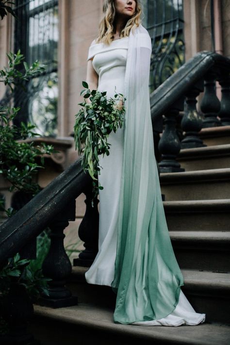 Modern Ethereal Brooklyn Rooftop Wedding Inspiration | Junebug Weddings Enchanted Forest Wedding Dress, Brooklyn Rooftop, Forest Wedding Dress, Sheath Wedding Dresses, Ombre Wedding Dress, Batman Wedding, Gaun Koktail, Green Wedding Dresses, Ombre Wedding