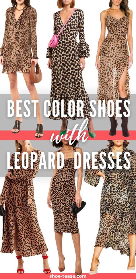 Looking to wear your leopard print dress outfit, but unsure what shoes to wear? Shoe-tease.com has listed what color shoes to wear with loepar print dresses as well as types of shoes to wear with cheetah print dresses. Learn to elevate your leopard print fancy dress outfits with the right heels and shoes! @shoetease #shoetease #leopardprintdress #cheetahprintdress #leopard #leoparddress #cheetahdress What To Wear With Animal Print Shoes, Leopard Print Dress Classy, Cheeta Dress, Leopard Print Dress Outfit, Leopard Dress Outfit, Printed Dress Outfit, What Shoes To Wear, Leopard Outfits, Leopard Print Maxi Dress