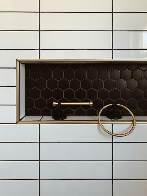 Shower Niche Metal Trim, Tile Shower Edge Trim, Gold Shower Niche, Gold Schluter Tile Edge, Schluter Tile Edge, White Shower Tile, Black Bathroom Fixtures, Black And White Tiles Bathroom, Decorating Above Kitchen Cabinets